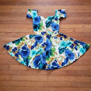 Vintage 90s y2k Blue Orange Floral Print fit and flare skater Dress Small S